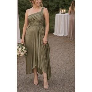 Olive‎ Green One Shoulder Formal Dress Metallic Ruched Gown Size M